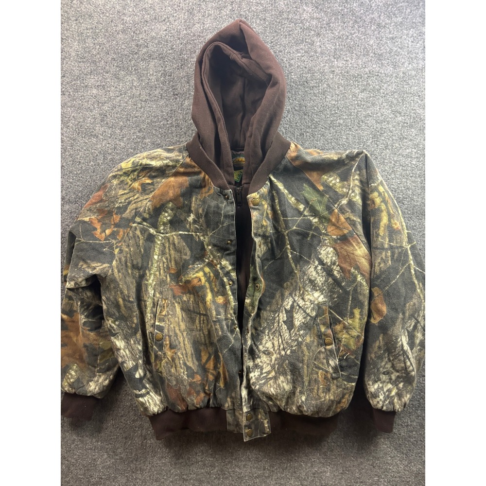 Cabela's Hooded Bomber Jacket Mens Large Brown Camo Quilted Lined Zip Up